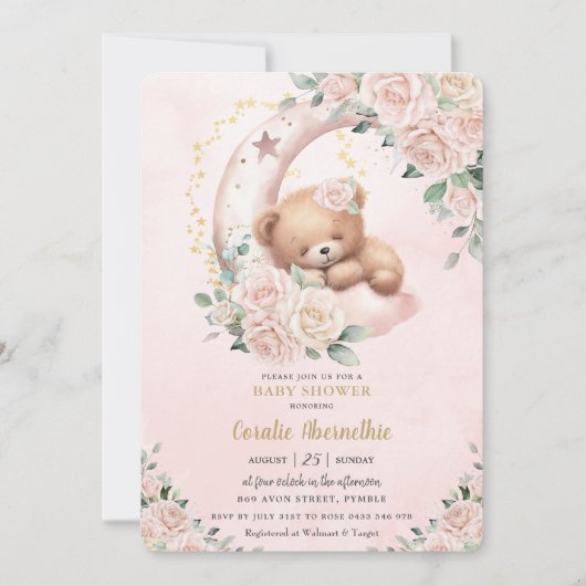 Mooie Beer Roze Ivoor Bloemen Meisje Baby Shower Kaart (Voorkant)