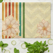 Mooie beige bloemen en kleurrijke strepen theedoek (Gevouwen)