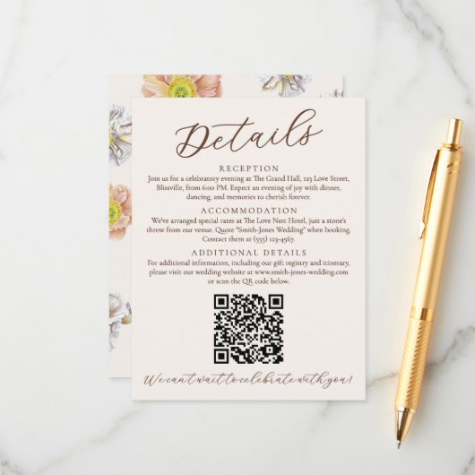 Mooie Beige Bloemen Trouwdetails en QR-code Informatiekaartje (Voorkant / Achterkant in situ)