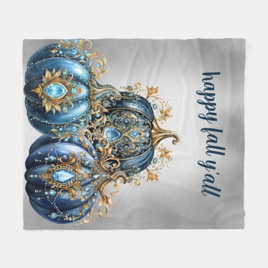 Mooie bejeweled blauwe en gouden pompoen fleece deken (Voorkant (Horizontaal))