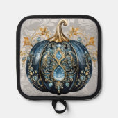 Mooie bejeweled blauwe en gouden pompoen pannenlap (Voorkant)