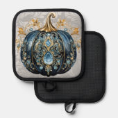 Mooie bejeweled blauwe en gouden pompoen pannenlap (Voorkant / Achterkant)