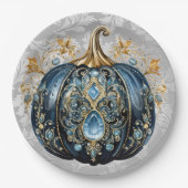 Mooie bejeweled blauwe en gouden pompoen papieren bordje (Voorkant)