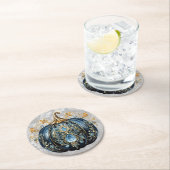 Mooie bejeweled blauwe en gouden pompoen ronde kartonnen onderzetter (Insitu)