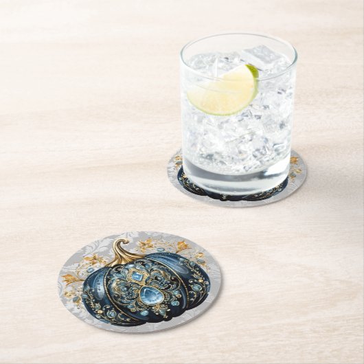 Mooie bejeweled blauwe en gouden pompoen ronde kartonnen onderzetter (Insitu)