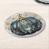 Mooie bejeweled blauwe en gouden pompoen ronde kartonnen onderzetter (Gebogen)