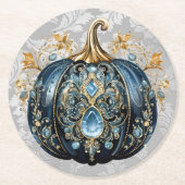 Mooie bejeweled blauwe en gouden pompoen ronde kartonnen onderzetter (Voorkant)
