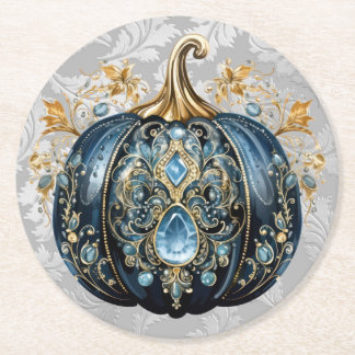 Mooie bejeweled blauwe en gouden pompoen ronde kartonnen onderzetter