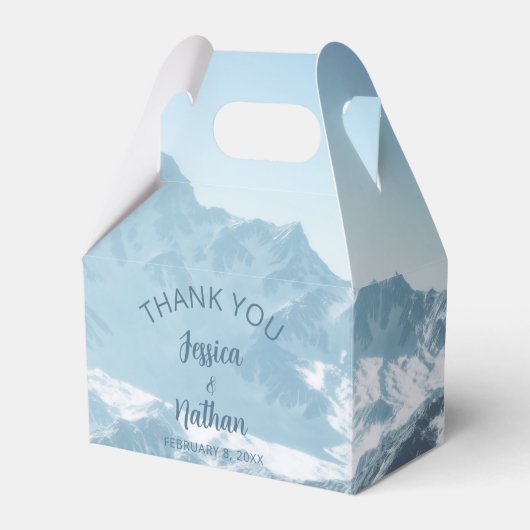 Mooie berg fotografie winter bruiloft bedankdoosjes (Voorkant Zijde)