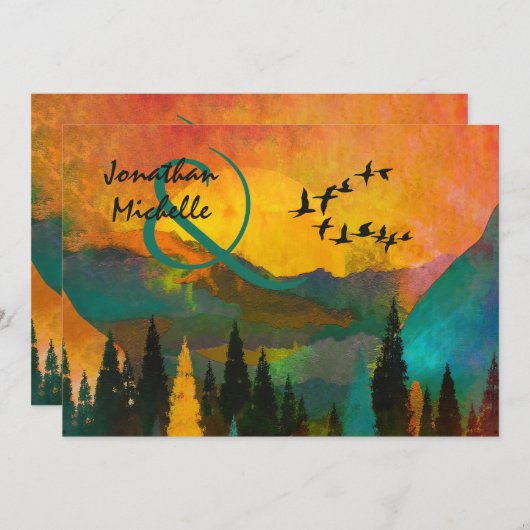 Mooie bergzondst, bomen en vogelweddenschappen kaart (Voorkant / Achterkant)