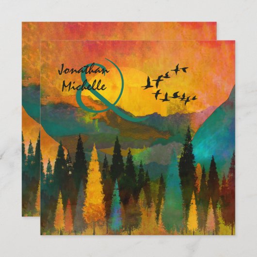 Mooie bergzondst, bomen en vogelweddenschappen kaart (Voorkant / Achterkant)