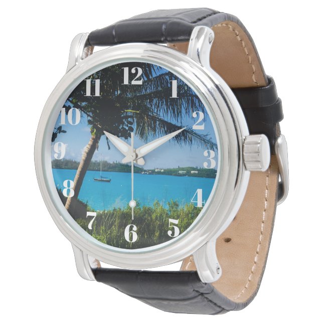 Mooie Bermuda Boat en Tropische Beach Gift Horloge (Gekanteld)