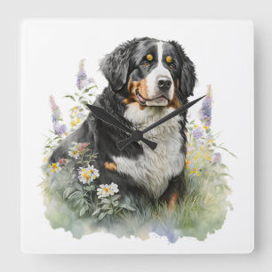 MOOIE BERNER BERNER BERGHOND MET BLOEMEN VIERKANTE KLOK
