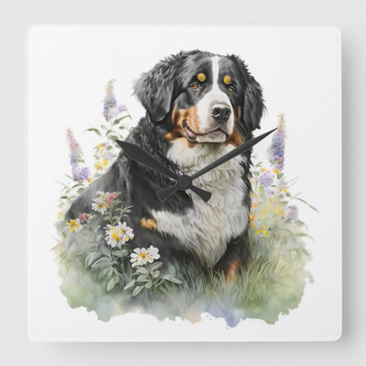 MOOIE BERNER BERNER BERGHOND MET BLOEMEN VIERKANTE KLOK (Voorkant)