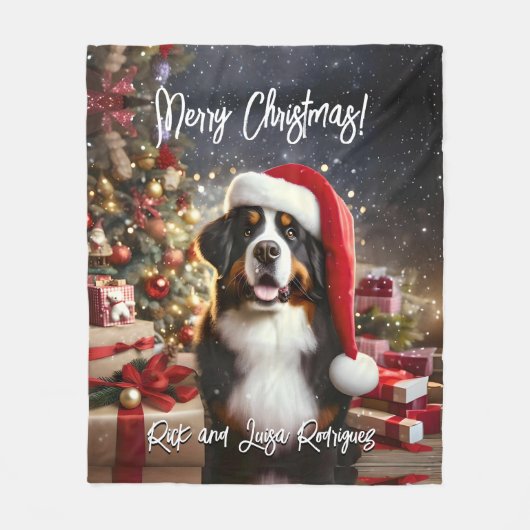 Mooie Berner Berner Hond met Santa Hat Fleece Deken (Voorkant)