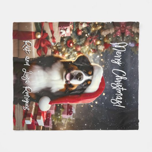 Mooie Berner Berner Hond met Santa Hat Fleece Deken (Voorkant (Horizontaal))