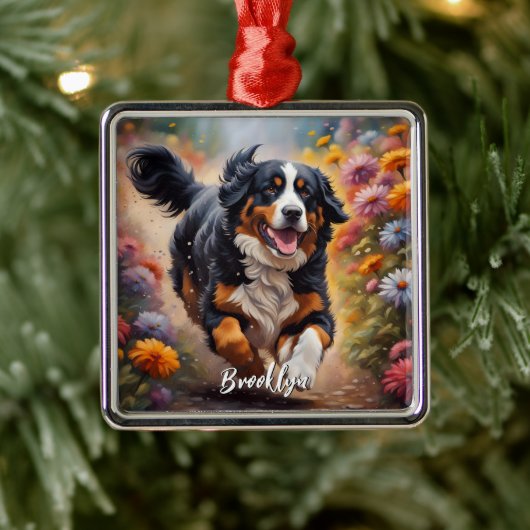 Mooie Bernese Berghond & Bloemen Metalen Ornament (Boom)