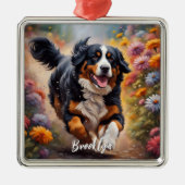 Mooie Bernese Berghond & Bloemen Metalen Ornament (Voorkant)