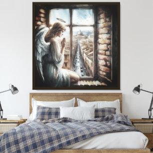 Mooie beschermengel en oud Italiaans stadje Canvas Afdruk