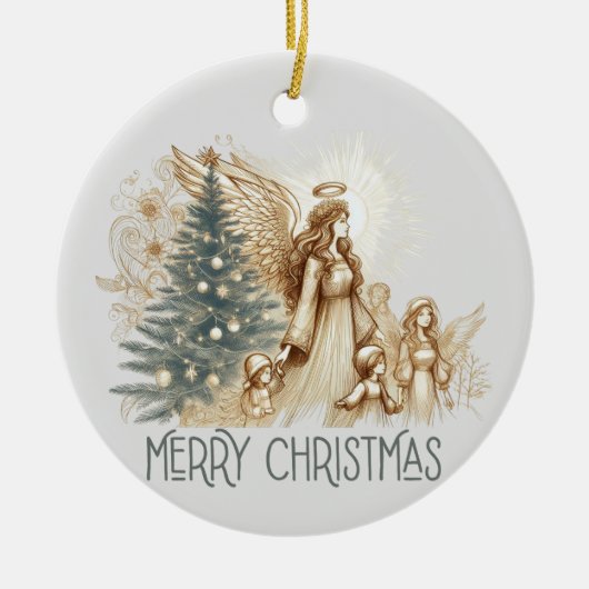 Mooie  beschermengel met kinderen keramisch ornament (Voorkant)