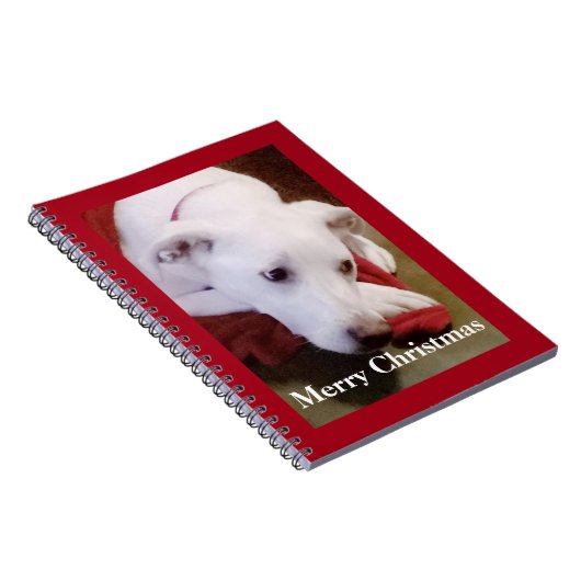 Mooie Besneeuwde Witte Hond Puppy Kerstmis Rood Notitieboek (Rechterzijde)
