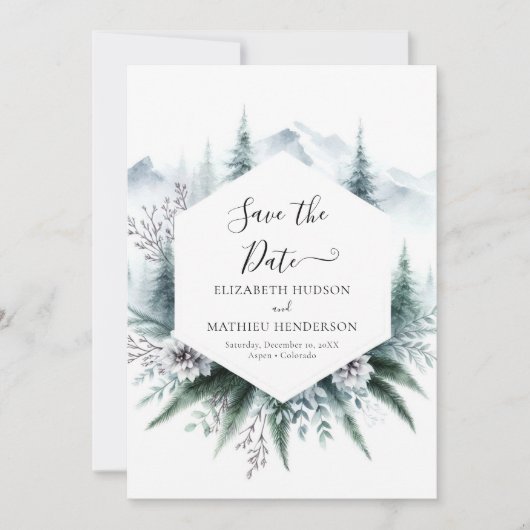 Mooie bewerkbare berg bruiloft save the date (Voorkant)
