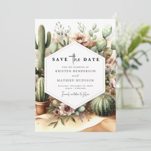 Mooie bewerkbare Cactus bruiloft Save The Date (Staand voorkant)