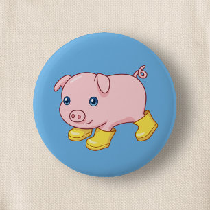 Mooie biggetje varken in gele rubberlaarzen blauw ronde button 5,7 cm