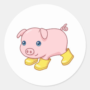 Mooie biggetje varken in gele rubberlaarzen ronde sticker