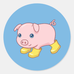Mooie biggetjes varken in gele rubberlaarzen blauw ronde sticker