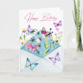 Mooie Birthday Kaart met bloemen en vlinders (Voorkant)