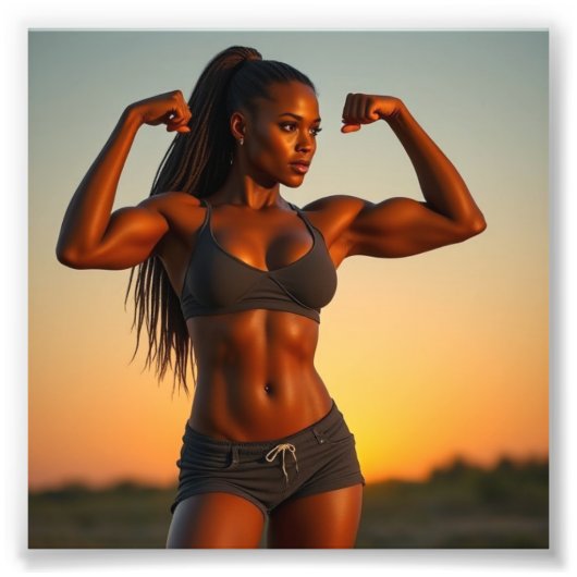 Mooie Black Babe Bodybuilder Flexing bij zonsonder Foto Afdruk (Voorkant)