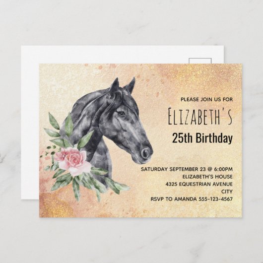 Mooie Black Horse Head Waterverf Verjaardag Uitnodiging Briefkaart (Voorkant / Achterkant)