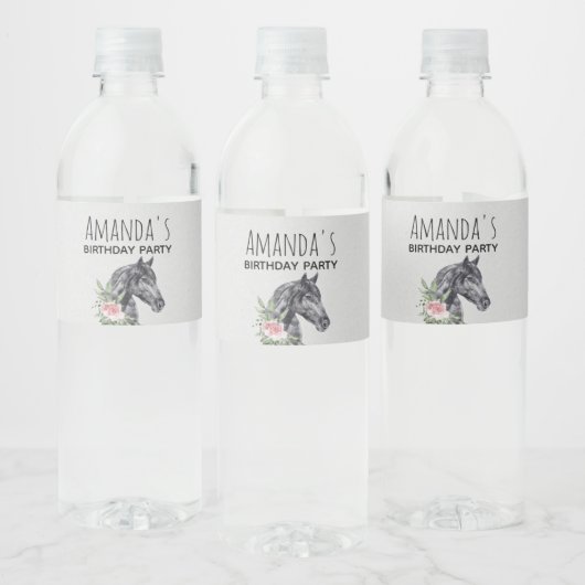 Mooie Black Horse Head Waterverf Verjaardag Waterfles Etiket (Flessen)