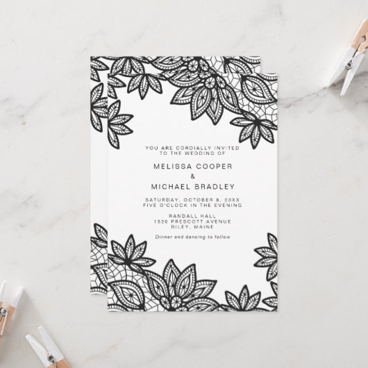 Mooie Black Lace bruiloft met QR Code RSVP Kaart (Voorkant / Achterkant in situ)