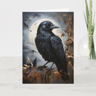 Mooie Black Raven Portret Bomen Moon Blank Kaart