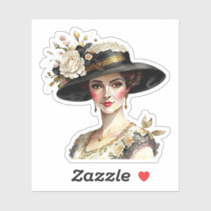 Mooie blanke vrouw in vintage gebloemde hoed sticker