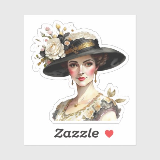 Mooie blanke vrouw in vintage gebloemde hoed sticker (Vel)