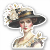 Mooie blanke vrouw in vintage gebloemde hoed sticker (Voorkant)