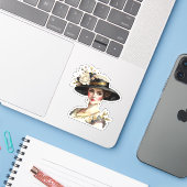 Mooie blanke vrouw in vintage gebloemde hoed sticker (Laptop met iPhone)