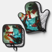 Mooie blauw abstract ovenhandschoen en pannenhoude ovenwant & pannenlap set (Voorkant / Achterkant)