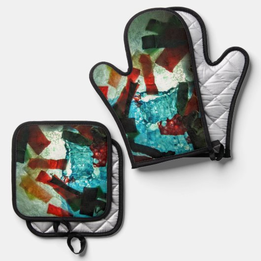 Mooie blauw abstract ovenhandschoen en pannenhoude ovenwant & pannenlap set (Voorkant / Achterkant)