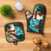 Mooie blauw abstract ovenhandschoen en pannenhoude ovenwant & pannenlap set (Top down)