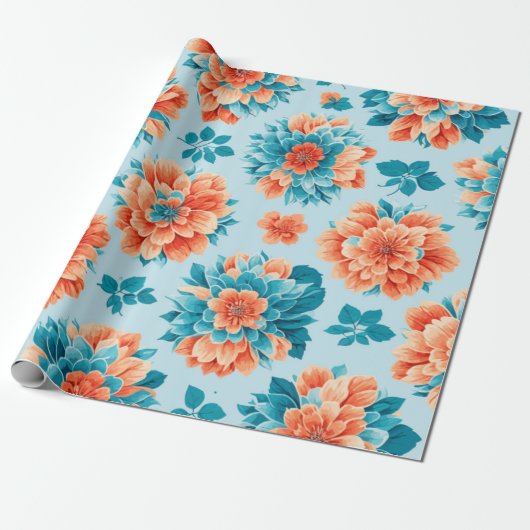 Mooie blauw en sinaasappel illustratie Bloemen Cadeaupapier (Uitgerold)