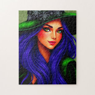 Mooie blauw-harige Halloween heks Legpuzzel