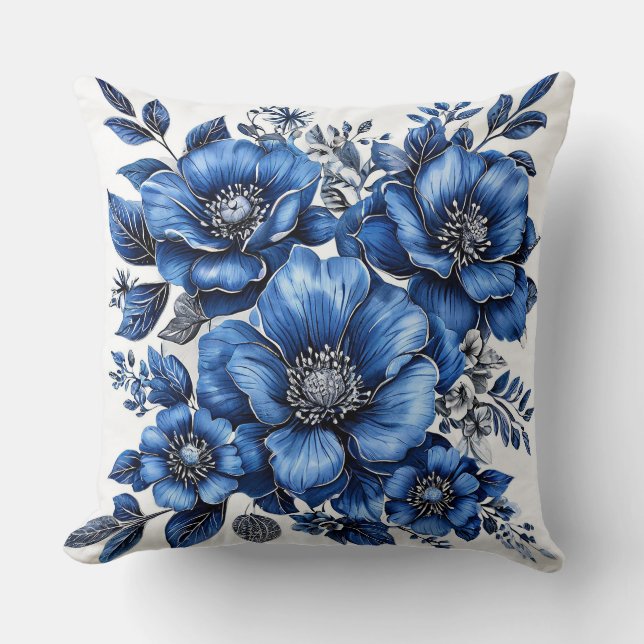 Mooie blauw-witte bloemschikken kussen (Voorkant)