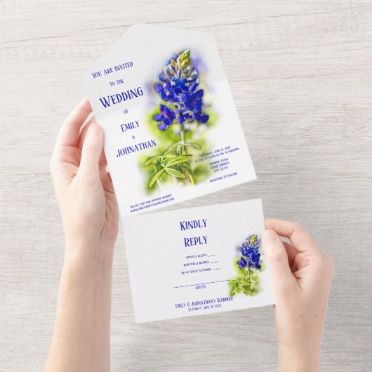 Mooie blauwbonnetvlies, modern huwelijk all in one uitnodiging (Afscheurbaar)
