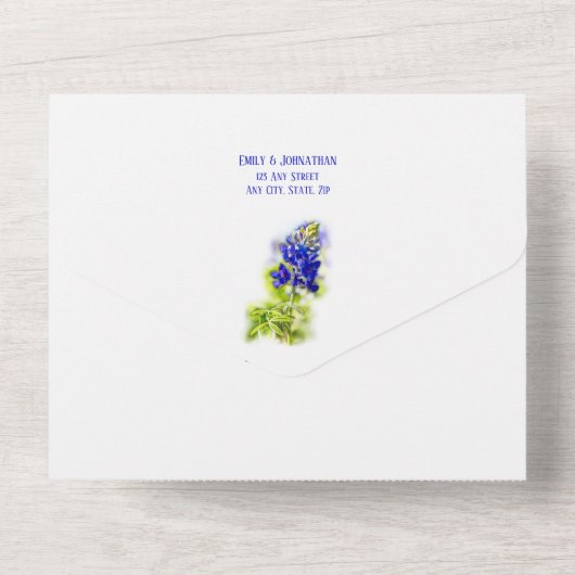 Mooie blauwbonnetvlies, modern huwelijk all in one uitnodiging (Achterkant)