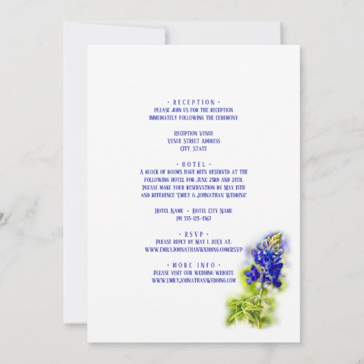 Mooie blauwbonnetvlies, moderne bruiloft, kaart (Achterkant)