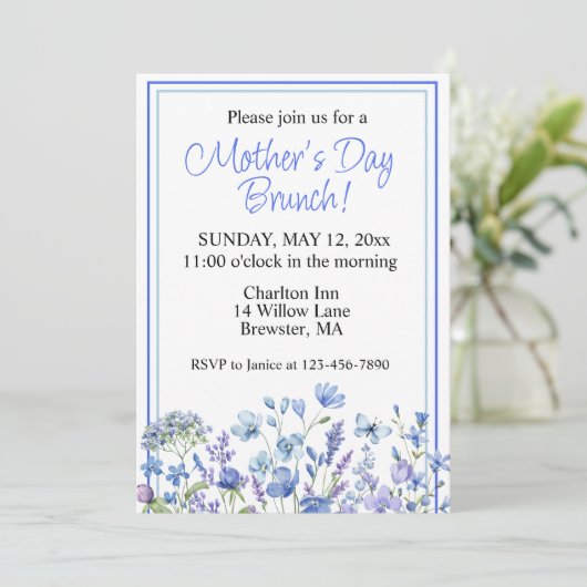Mooie Blauwe Aquarel Bloem Moederdag Brunch Kaart (Staand voorkant)